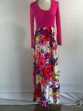 Vintage 70s Julie Miller Pink Floral Maxi Dress Boho Mod Cottagecore READ